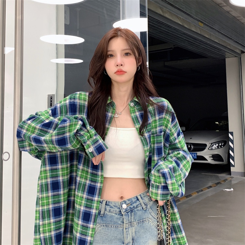 ZHELIHANGFEI Áo Sơ Mi Caro Tay Dài Dáng Rộng Trẻ Trung Hợp Thời Trang Cho Bạn Gái