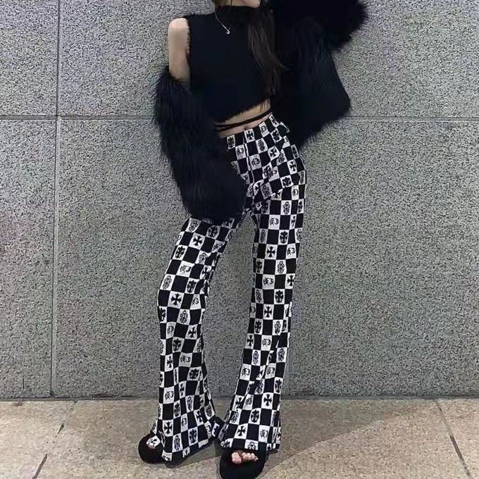 Quần Dài Ống Loe Họa Tiết Caro Thời Trang Cho Nữ