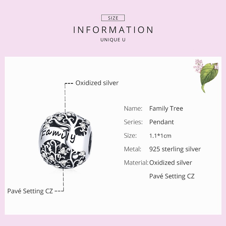 Mặt trang sức Bamoer BSC489 bằng bạc 925 họa tiết cây gia đình 5 kiểu thời trang dùng làm vòng tay dây chuyền DIY
