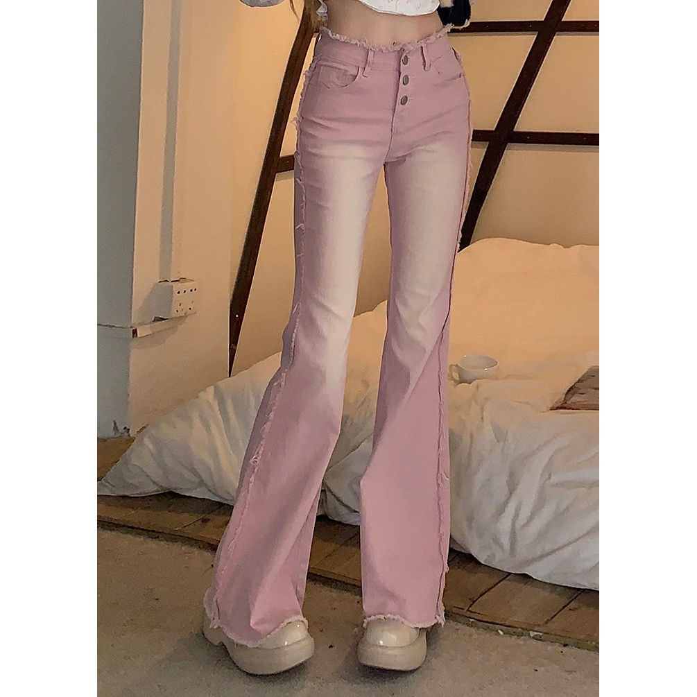 Pink micro jeans women's 2022 summer new high waist slim and thin edge design spicy girls bell bottoms