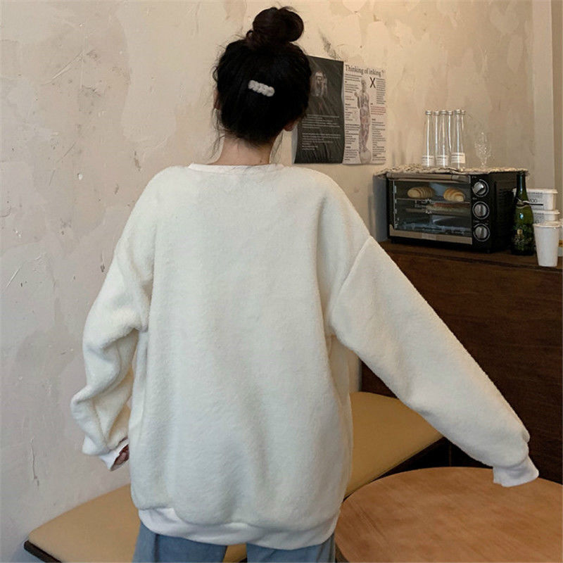 Áo hoodie tròng đầu dáng rộng phong cách Harajuku Hàn Quốc phối nhung dày dặn cho nữ