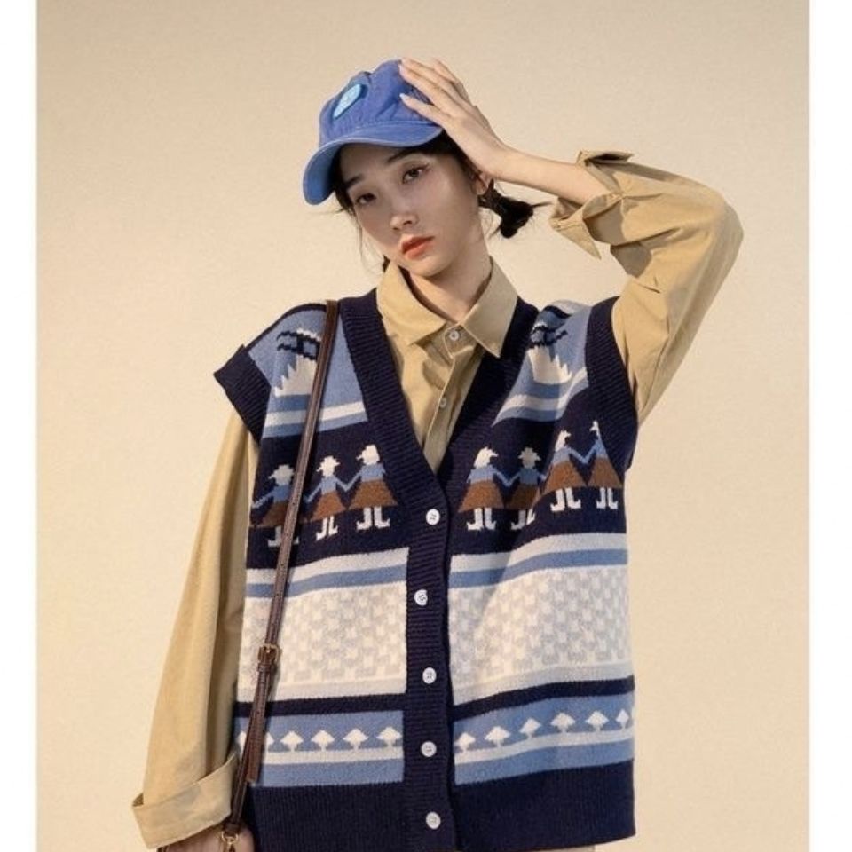 Áo len không tay cổ chữ v in họa tiết 2 màu sắc phong cách vintage