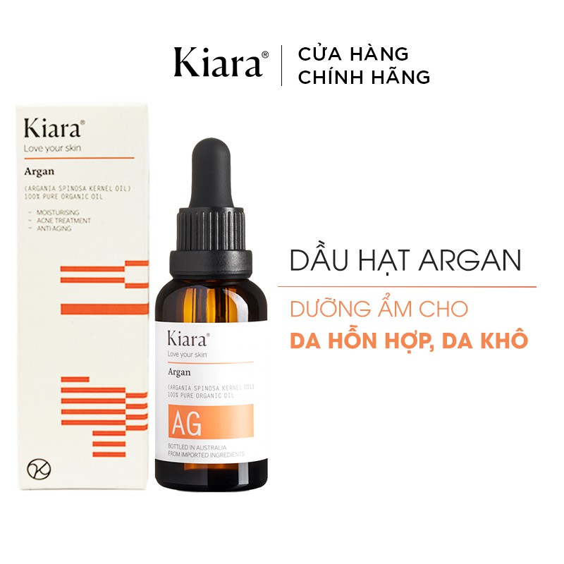 Bộ đôi chống lão hóa giảm mụn Dầu Dưỡng Ẩm Kiara Argan Oil 30ml & Tinh Dầu Tràm Trà Chấm Mụn Kiara Tea Tree Oil 10ml