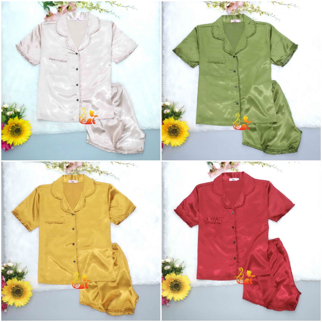 Đồ Bộ Mặc Nhà Pijama Phi Lụa " Viền Bèo " Quần Đùi Cao Cấp - Dưới 75kg.