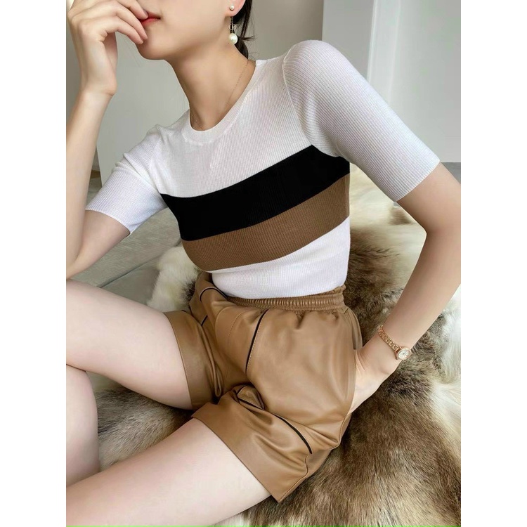 Áo Len Gân Tăm Sọc Ngực Tay Ngắn | Smide Clothing