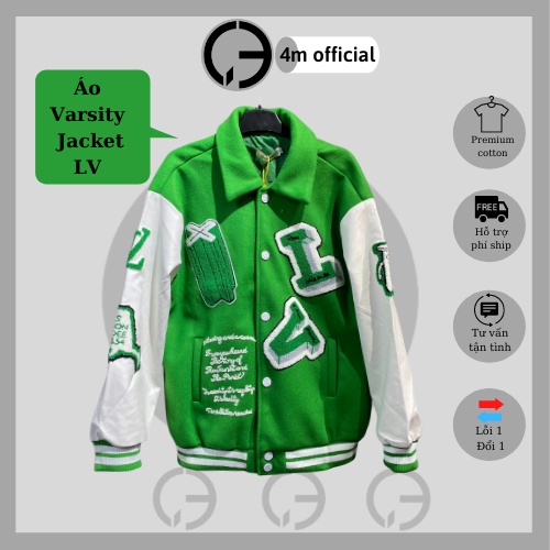Áo Varsity Jacket LV SS21 màu xanh 4m official bản cao cấp, Áo khoác bóng chày nam nữ LV thêu hình họa tiết form rộng