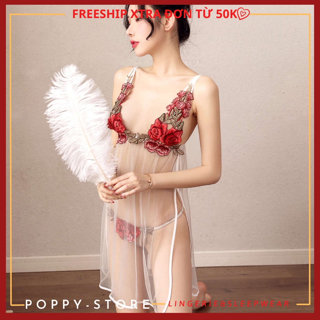 Đầm ngủ sexy ren cao cấp ngực áo phối hoa thêu ngọt ngào và gợi cảm, tặng kèm quần lót , đồ ngủ cosplay yếm tàu sườn xám