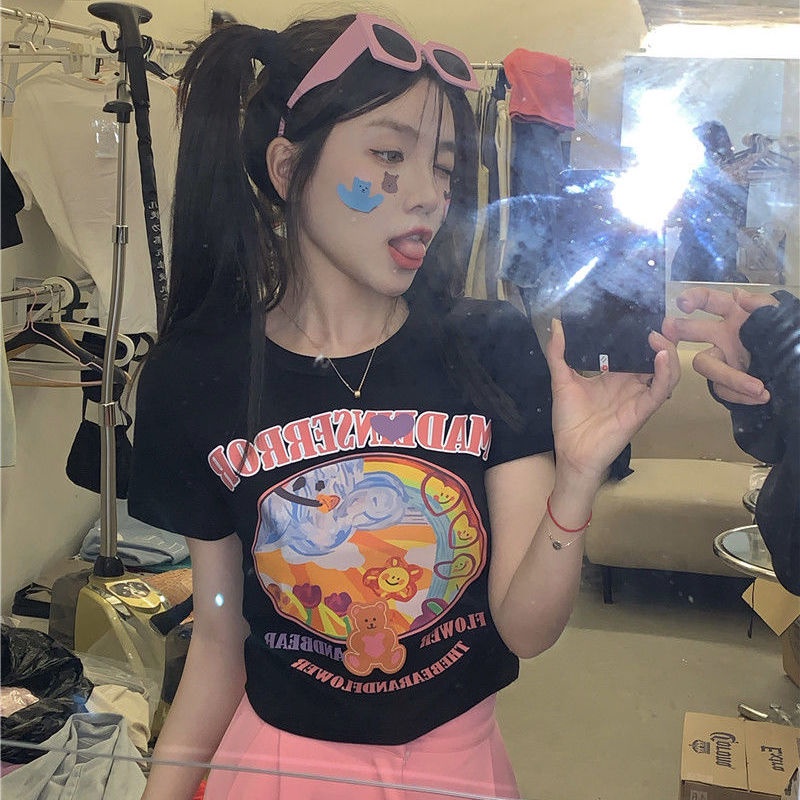 COZOK Áo Thun Tay Ngắn Hở Eo Form Ôm In Họa Tiết Thời Trang