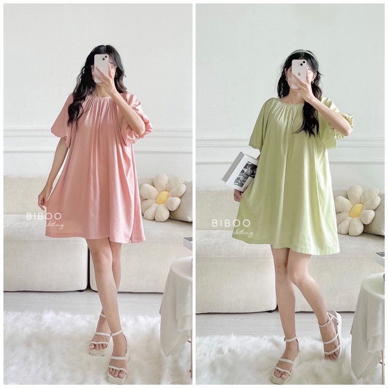 BIBOO - Đầm babydoll tay phồng dáng rộng xòe cột nơ sau lưng DOLLY DRESS