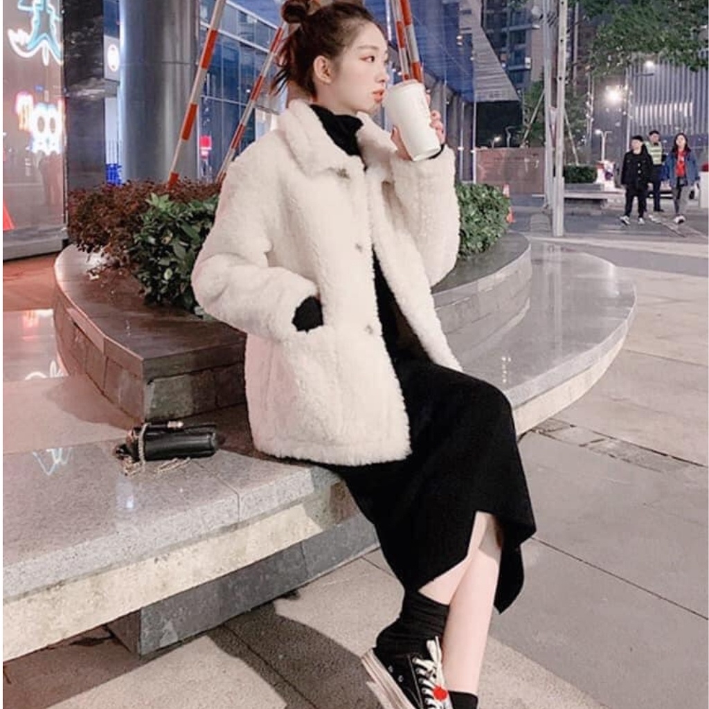 Sét áo khoác lông cài cúc dáng rộng kèm váy body đen dáng dài Xưởng Sỉ nguyễn hoa