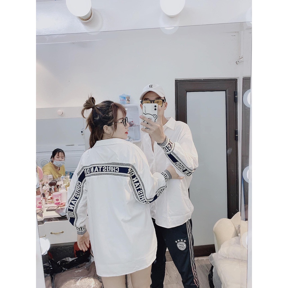 Áo sơ mi dài tay nữ unisex, phối chữ viền tay. Áo đi học đi làm, chất liệu mát, dáng suông, form rộng, kiểu dáng Hàn