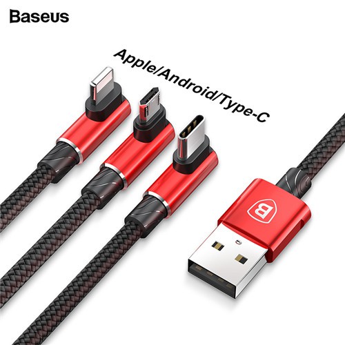 Cáp sạc nhanh Baseus 3 trong 1 đầu Lightning + Micro USB + Type-C thiết kế đầu vuông góc dài 1.2m