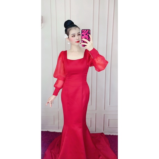 Đầm body đuôi cá mặc cướiTRIPBLE T DRESS tay dài phồng hở lưng phối chuỗi ngọc - size S/M/L -MS166Y