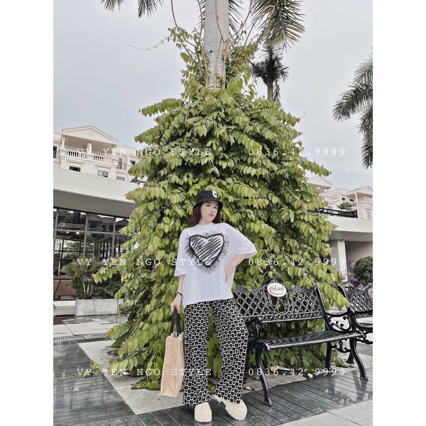 sét bộ cotton quần sọc tim phối áo tim ép 3D túi zip tem mác đầy đủ