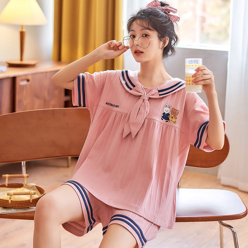 Bộ Đồ Ngủ Ngắn Tay Bằng Cotton Nguyên Chất Cao Cấp Thời Trang Mùa Hè Cho Nữ