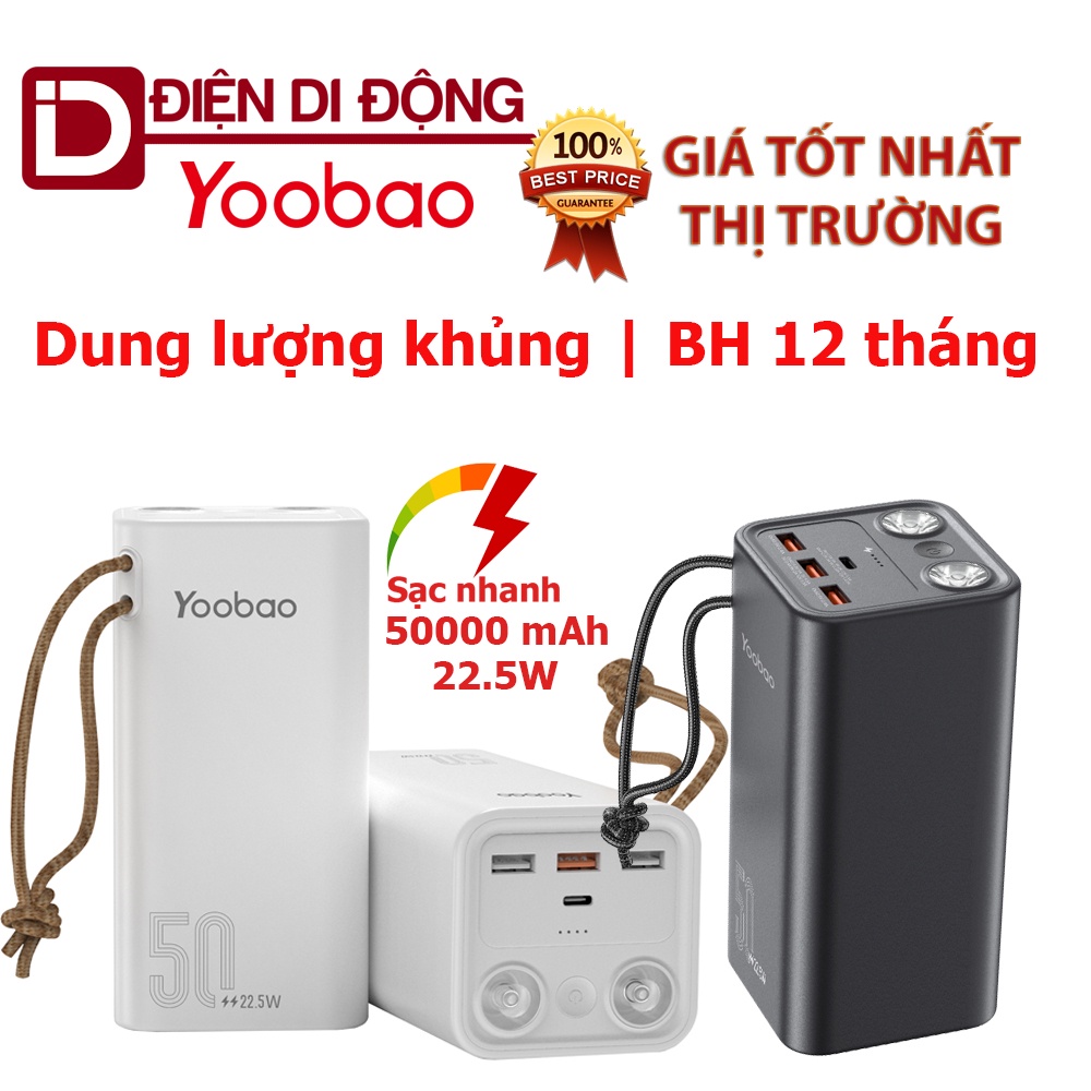 Sạc dự phòng dung lượng cao Yoobao H5 50000 mAh Sạc nhanh nhiều thiết bị kèm đèn pin siêu sáng