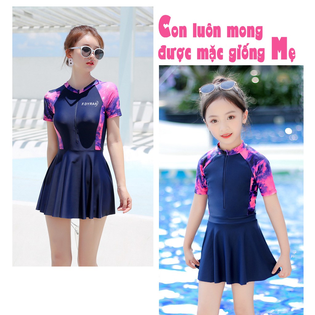 Bộ bơi mẹ con áo bơi mẹ con liền thân áo tay cộc liền váy Xmoon BBMC