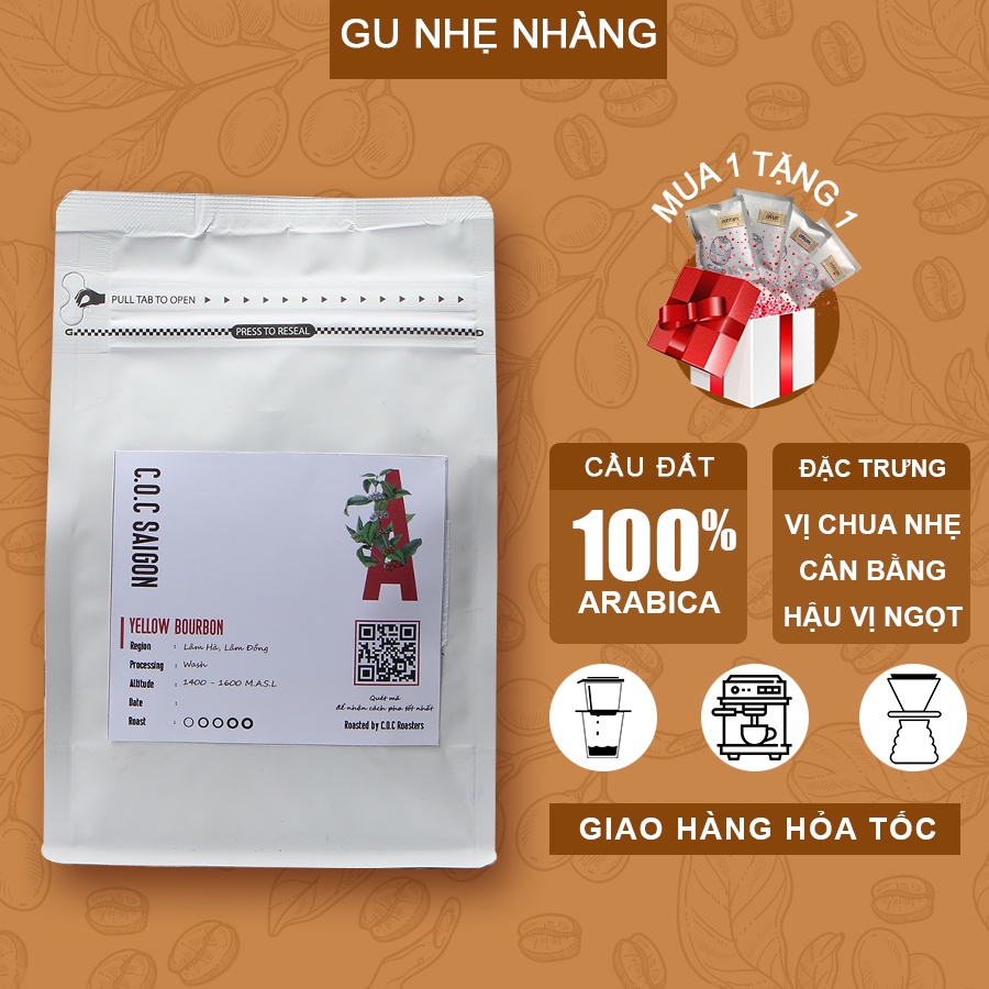 Yellow Bourbon Cà phê Arabica Cầu Đất nguyên chất rang mộc gu nhẹ nhàng pha máy, pha phin, pour over C.O.C Saigon