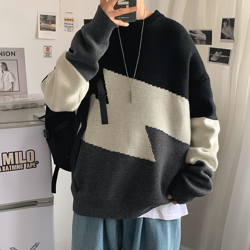 High autumn winter sweater men's and women's Korean versatile crew neck loose and thickened sweater ins Hong Kong fashion color matching T-shirt | BigBuy360 - bigbuy360.vn