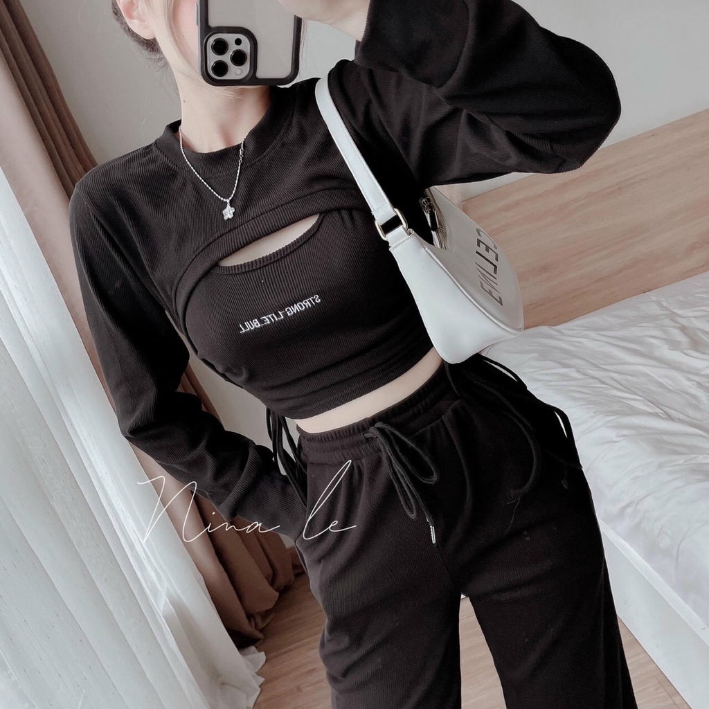 Sét Bộ Đồ Nữ Chất Thun Gân 3 Món Tay Dài Mix Áo Trong Bra Phối Quần Dài Bo Cổ Chân Thiết Kế Sang Chảnh Đi Chơi, Du Lịch