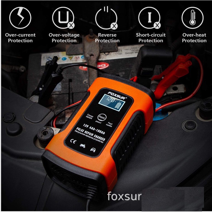 Sạc bình ắc quy 12V 5A 4AH - 100AH FOXSUR, SẠC NHANH KHỬ SUNFAT PHỤC HỒI BÌNH HƯ HỎNG, TĂNG ĐỘ BỀN CỦA BÌNH