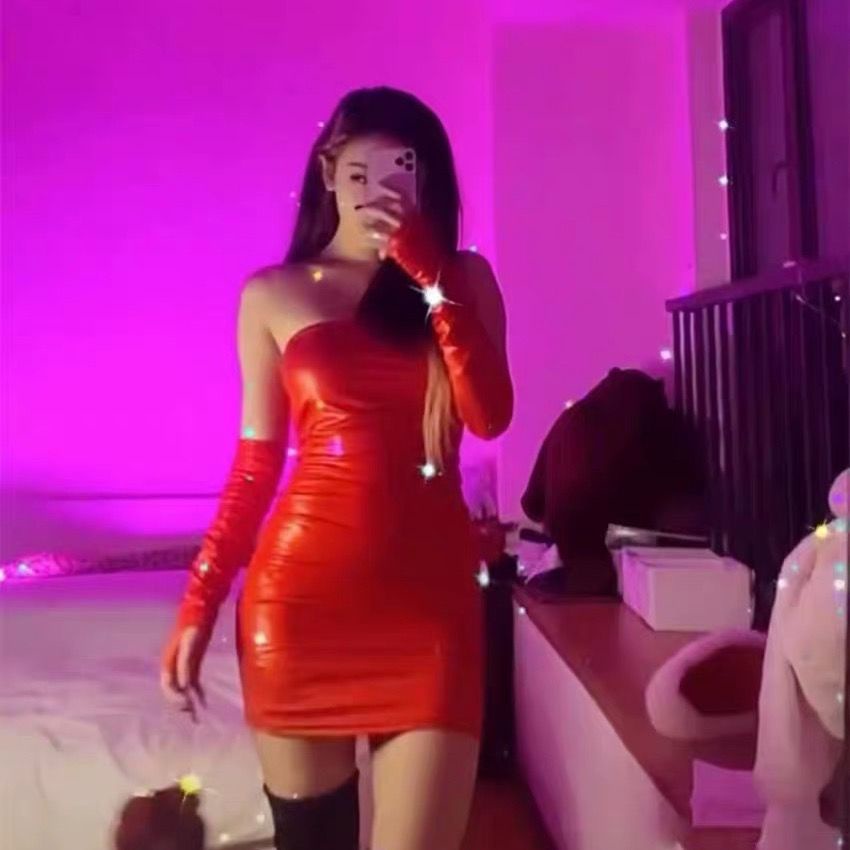 Bộ Áo Ống Dáng Ôm + Chân Váy Ngắn Bằng Da pu Gợi Cảm