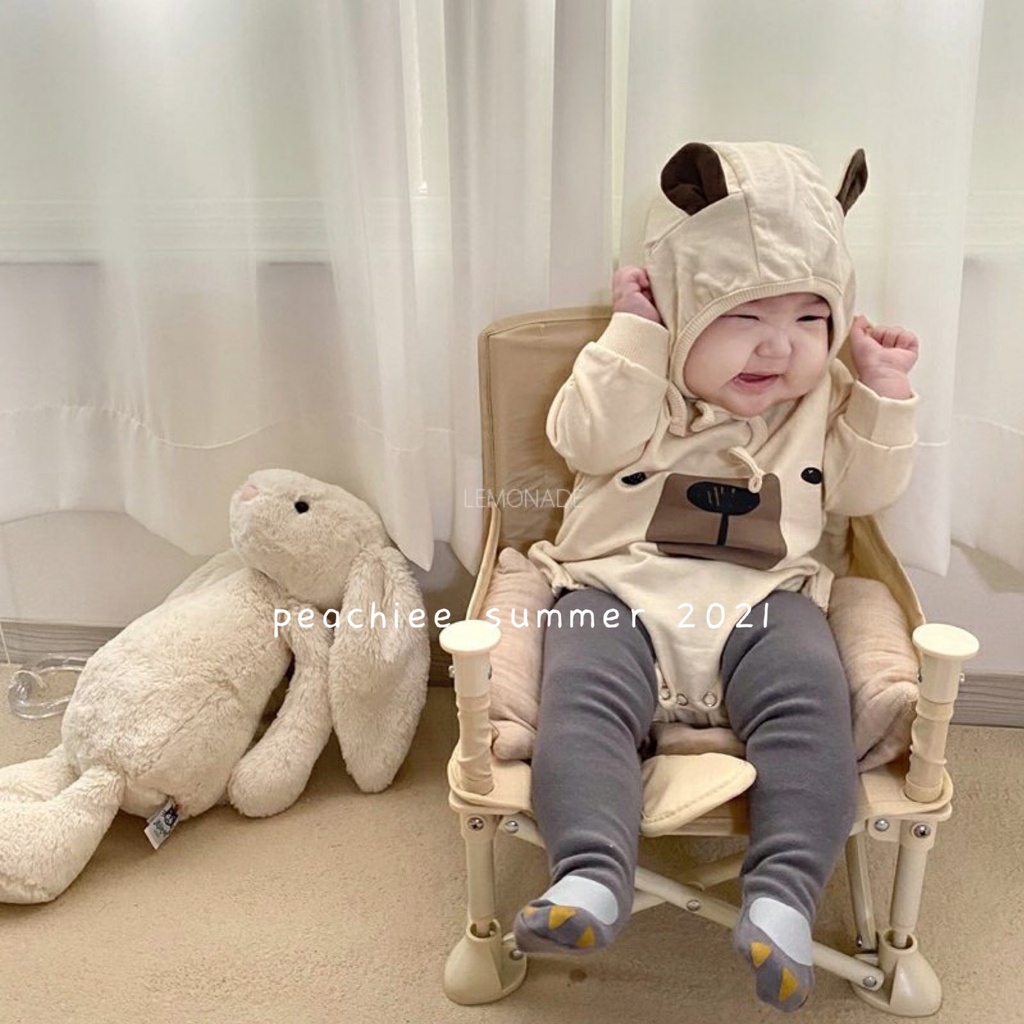 Áo liền quần tay dài vải cotton kèm mũ họa tiết gấu dành cho em bé sơ sinh 0-24 tháng tuổi
