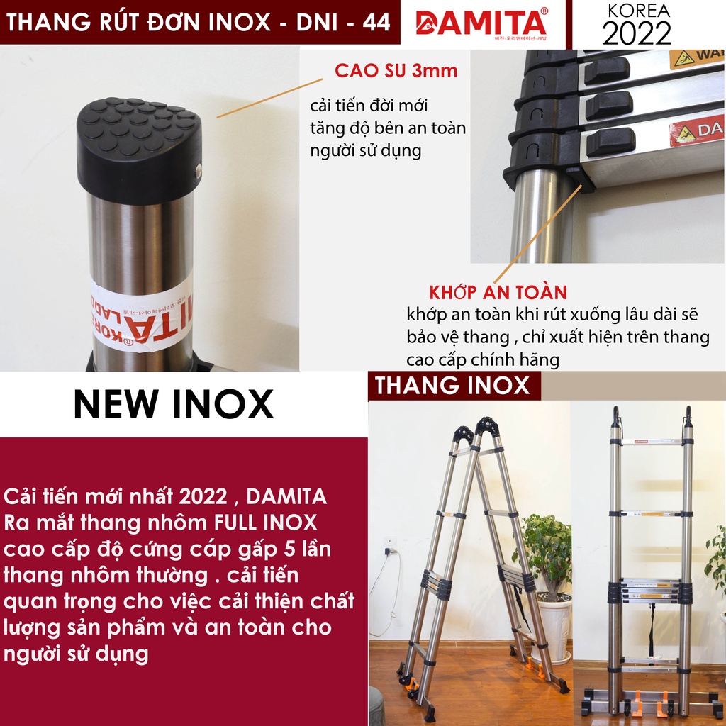 Thang Nhôm Rút chữ A INOX 316 A 5met6 2.8+2.8 cao cấp có bánh xe đai khóa chốt lưng mẫu mới 2022 độc quyền DAMITA korea