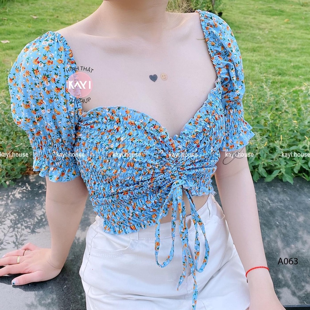 Áo croptop hoa rút dây ngực tay ngắn A5063
