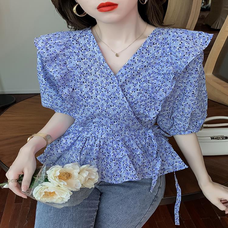 Áo Sơ Mi Tay Ngắn Cổ Chữ V Họa Tiết Hoa Thời Trang Mùa Hè Cho Nữ