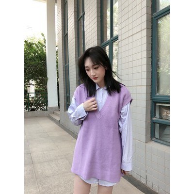 Set tím sơ mi với gile dáng dài cute - có ảnh thật