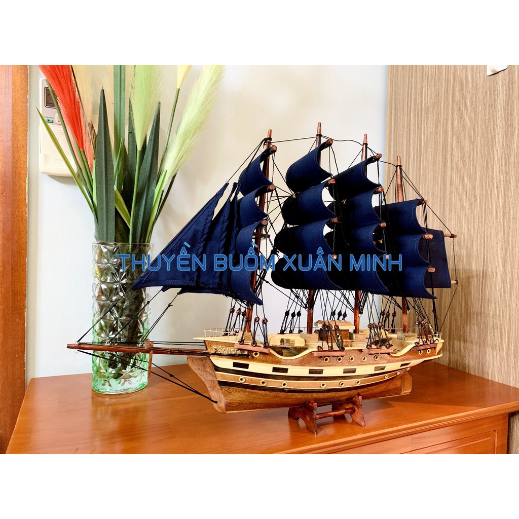 Mô hình thuyền buồm gỗ phong thuỷ france II - loại tiêu chuẩn - gỗ xoan đào - dài 55cm buồm vải xanh dương