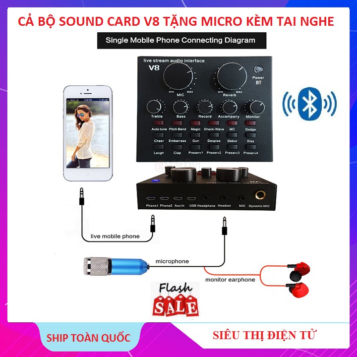 Bộ Sound Card V8 Bluetooth, Tặng Micro Thu Âm Kèm Tai Nghe - Quý Khách Chỉ Việc Hát Luôn Nhé