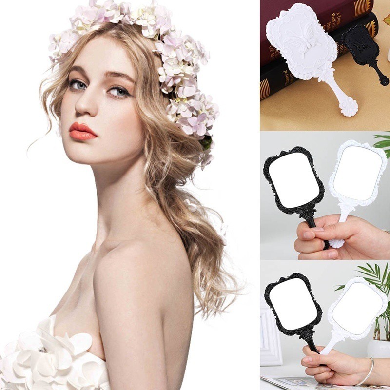 Gương trang điểm tay cầm nhựa màu trắng/ đen cỡ lớn và nhỏ tiện dụng
