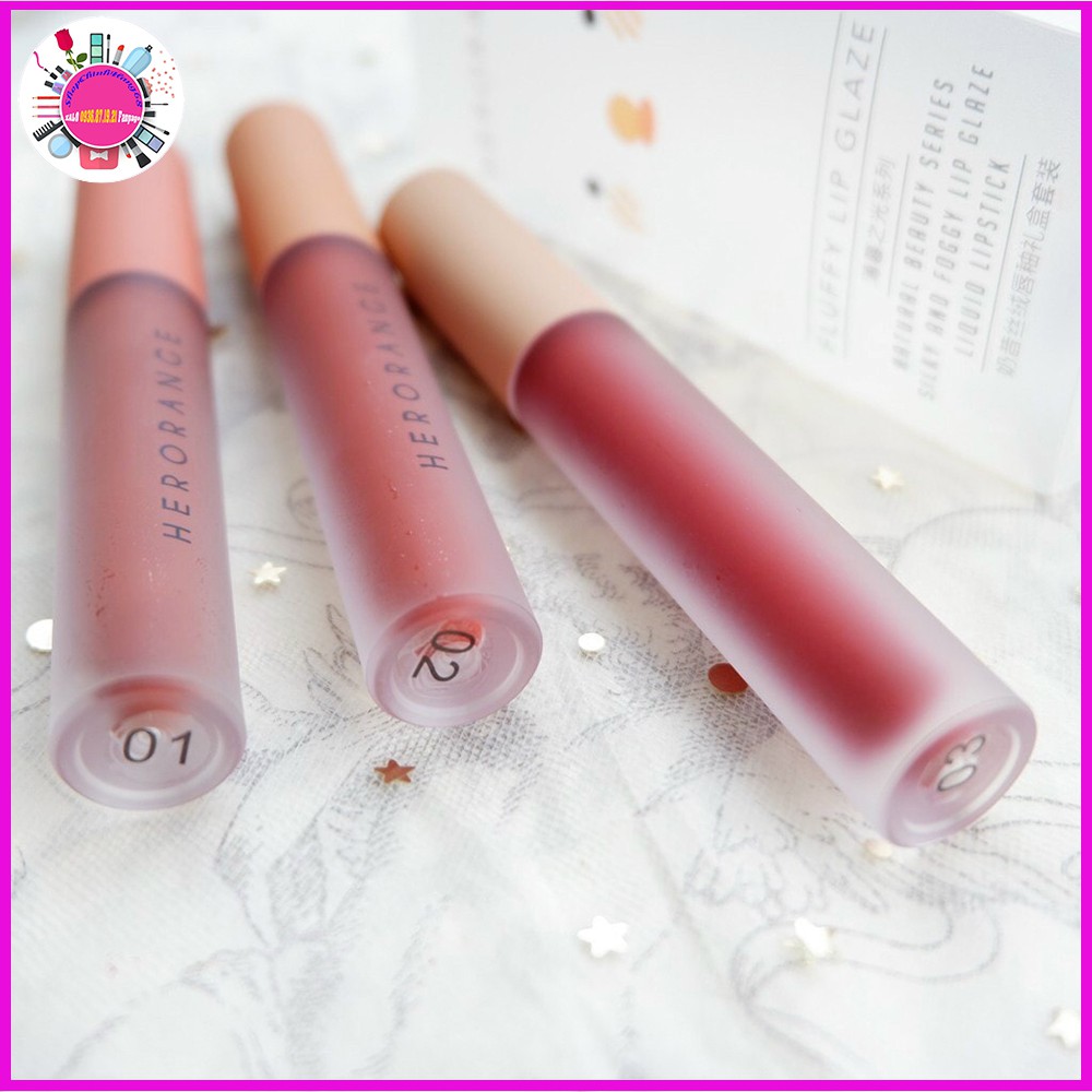 Son Kem Lì HERORANGE Siêu Xinh Mềm - Mịn Mượt - Lâu Trôi - An Toàn Fluffy Lip Glaze SET 3 Cây - Set A & B - Hàng AUTH