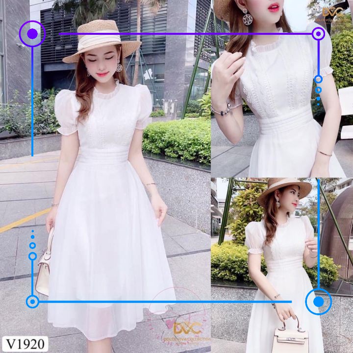 Váy xòe trắng Vintage kiểu chiết eo viền bèo sang trọng V1920