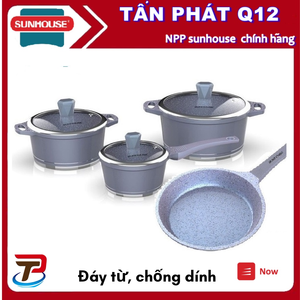 BỘ NỒI, QUÁNH CHẢO VÂN ĐÁ ĐÁY TỪ SUNHOUSE (4 MÓN) SIÊU BỀN ĐẸP (chảo 24CM)