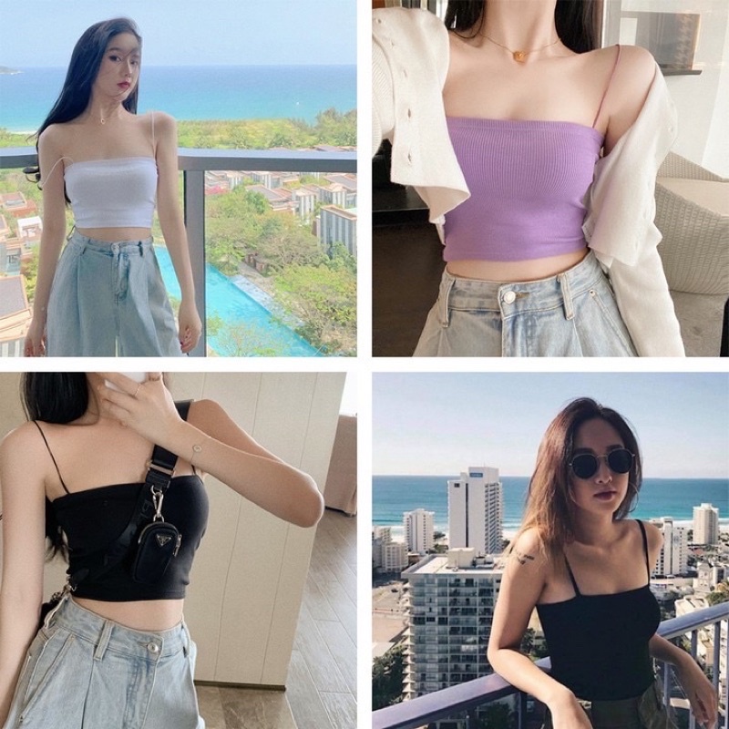 [Mã FAMARAL2 giảm 10K đơn 50K] km Áo hai dây tăm, áo 2 dây thun croptop ôm sợi bún tím/trắng/đen sỉ ib