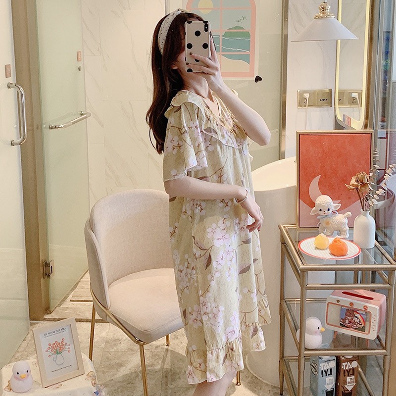 [SẴN] Váy ngủ lanh lụa⚡CÓ SIZE⚡️QCCC Đầm mặc nhà cotton lanh lụa phối bèo mát mẻ mùa hè bầu và sau sinh | BigBuy360 - bigbuy360.vn