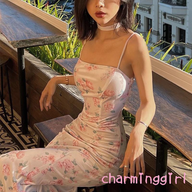 Đầm Hai Dây Dáng Ôm Xẻ Tà Hở Lưng In Họa Tiết Hoa Hồng Quyến Rũ Cho Nữ