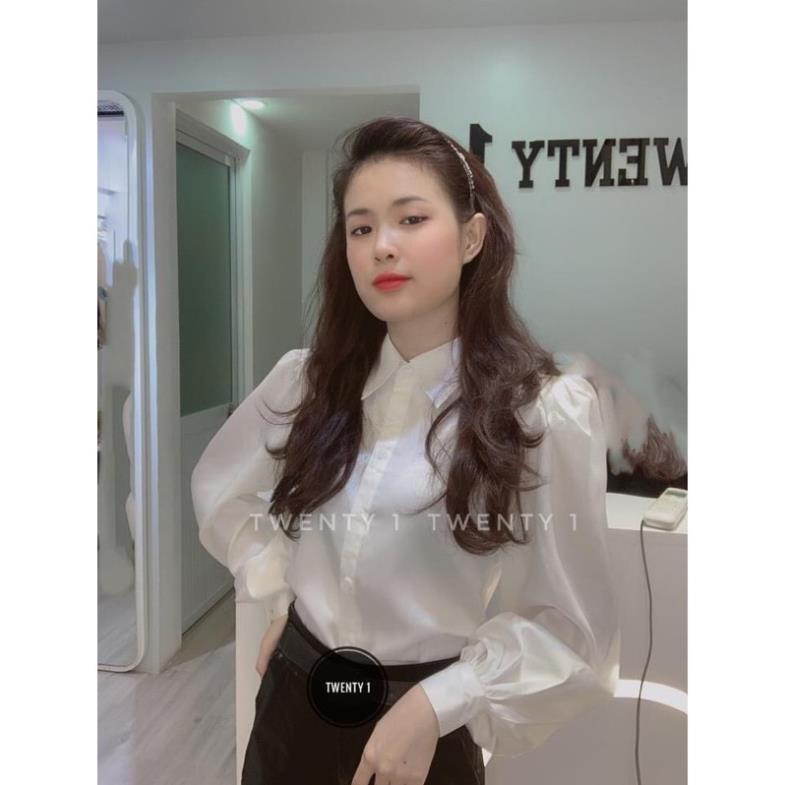 Áo Sơ Mi Tay Bồng Bo Ống Màu Trắng Chất Lụa Bóng Thời Trang Công Sở Cho Nữ