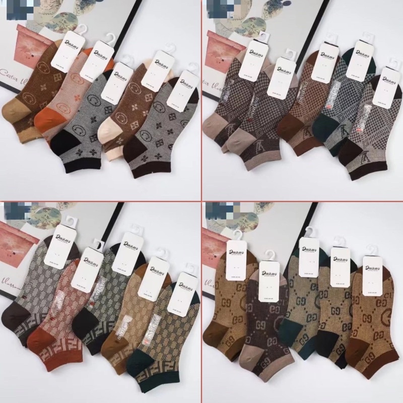 (sét 5 đôi) Tất nữ ngắn cổ phong cách thể thao trẻ trung, hoạ tiết ,chữ gc,  lv, chất cotton mịn.