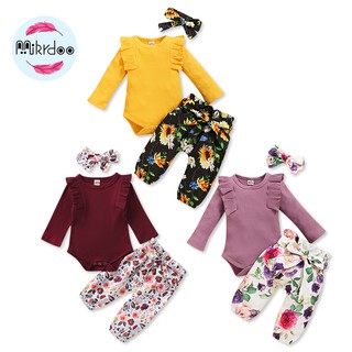 Bộ 3 món Mikrdoo gồm áo liền quần + quần dài + băng đô in hoa bé gái sơ sinh dễ thương