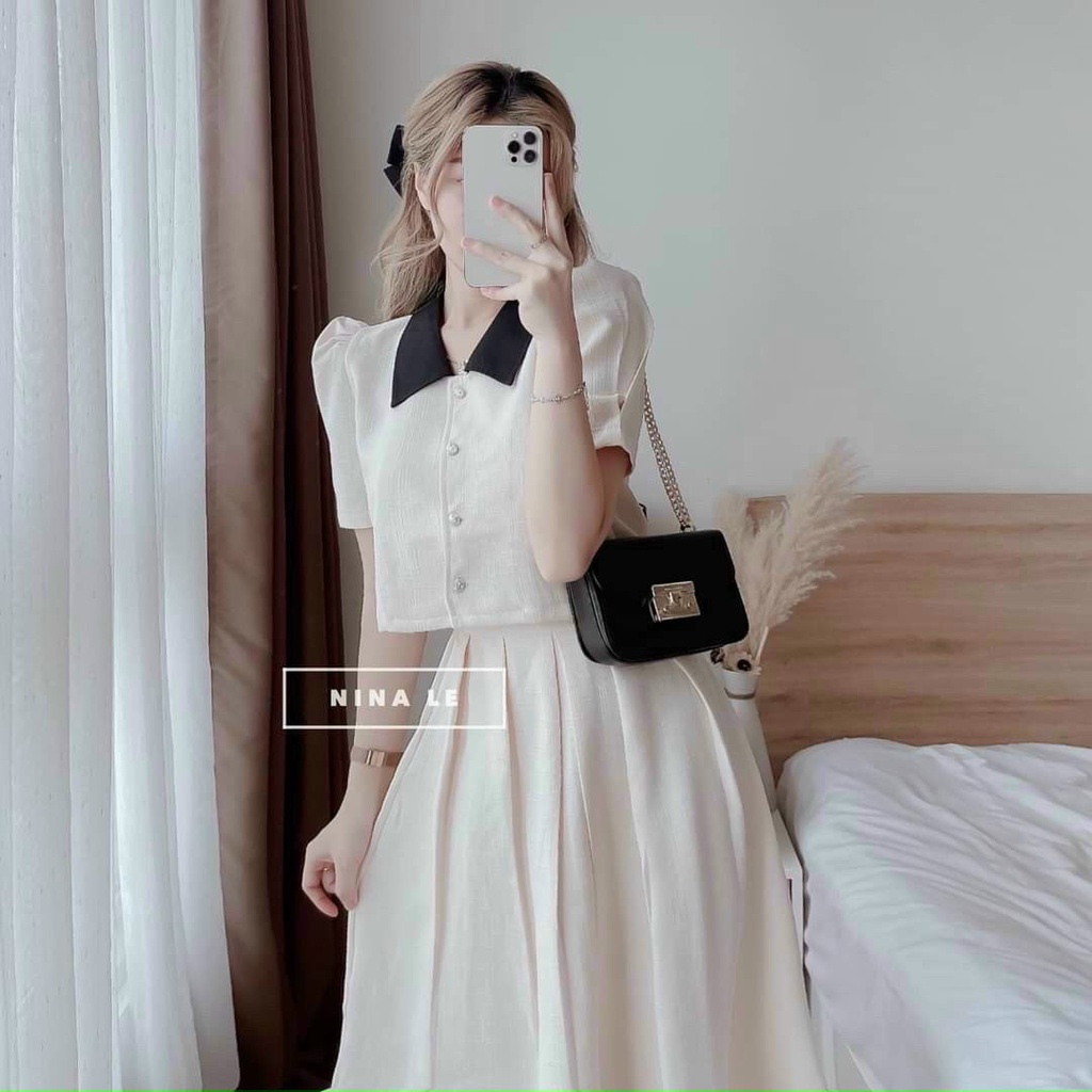 Sét váy thời trang nữ mặc đi chơi chất xốp nhật tay búp phối cổ đen mix chân váy có lót