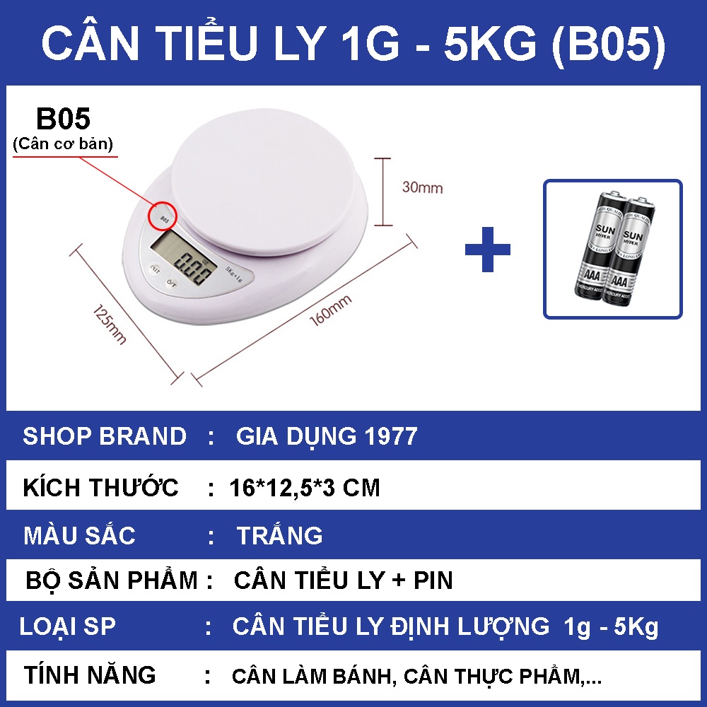 Cân tiểu ly điện tử nhà bếp mini định lượng 1g - 5kg, Cân tiểu ly làm bánh độ chính xác cao kèm 2 viên pin AAA