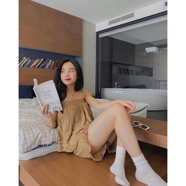 Set 2 Dây Trắng Đũi Bèo Chân Nữ Bộ Ngủ Quần Đũi Ống Rộng, áo thun Đũi mát mặc ở nhà bánh bèo Ulzzang