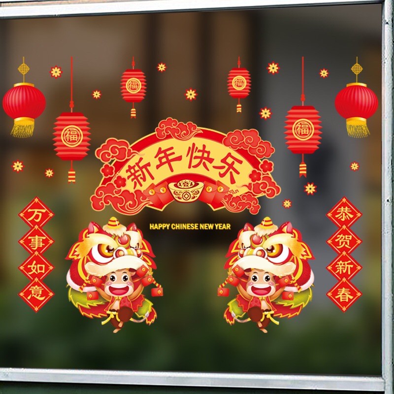 Decal Tết HÍT TĨNH ĐIỆN không dơ kính - Cặp Múa Lân sư Rồng đẹp