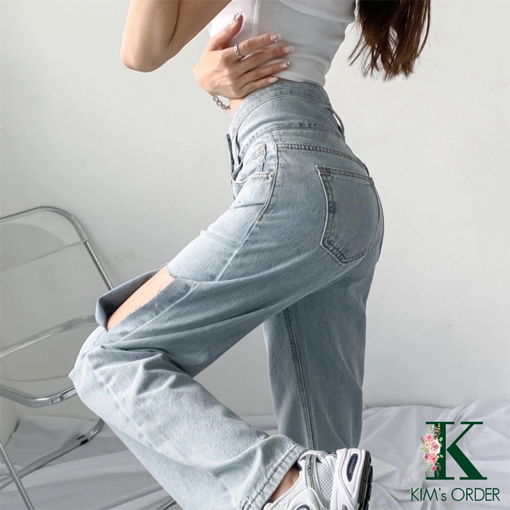 Quần Jean Nữ Cạp Cao 3 Cúc Màu Xanh Bạc Ống Suông Lưng Cao Phong Cách Hàn Quốc Hàng Quảng Châu Chất Jeans Mặc Hàng Ngày