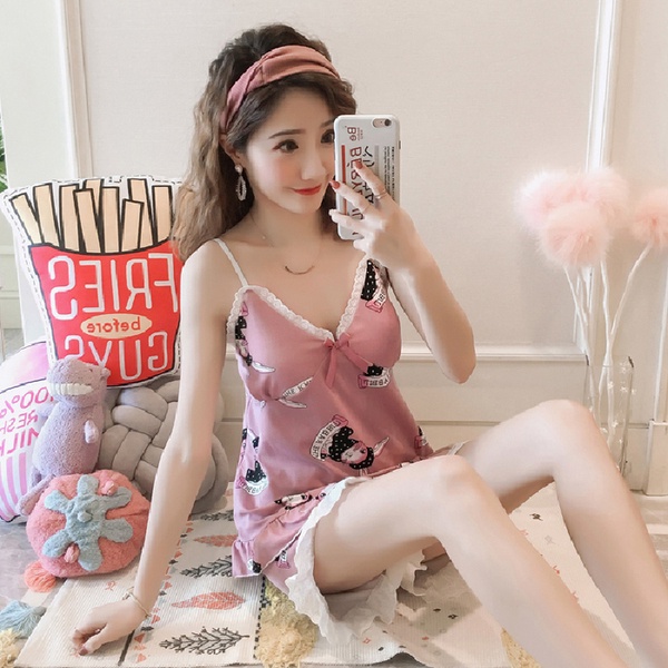 Bộ Đồ Ngủ Hai Dây Phối Ren Có Mút Đệm Ngực Thời Trang Mùa Hè Cho Nữ | BigBuy360 - bigbuy360.vn