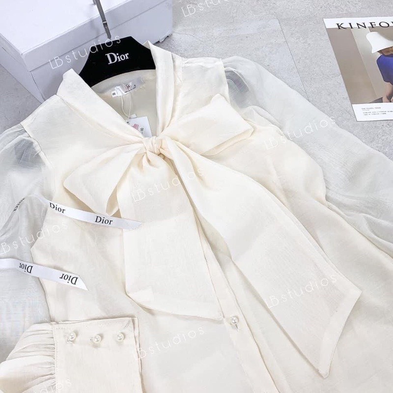 Áo sơ mi tay bồng cổ nơ khuy ngọc tiểu thư 2 lớp mặc cực xinh